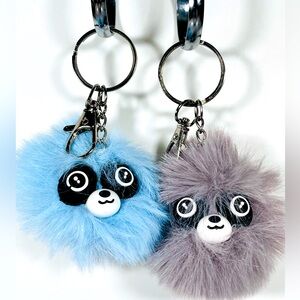 2 Blue & Gray Fluffy Animal Bag Charm Keychains
